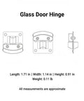 Technical drawing of No-Drill Glass Door Hinge Set Stainless Steel Clamp-On Hardware for frameless cabinets and display cases.
