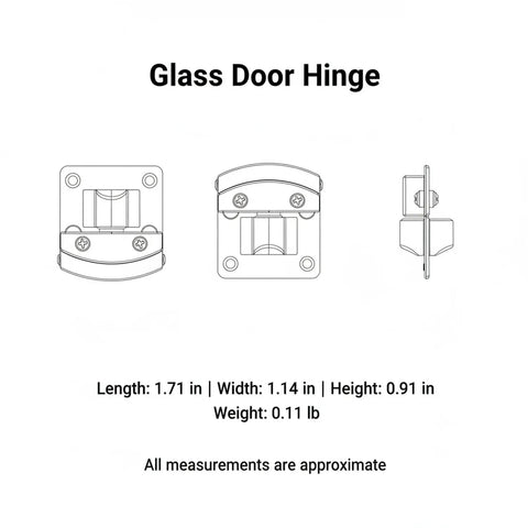 Technical drawing of No-Drill Glass Door Hinge Set Stainless Steel Clamp-On Hardware for frameless cabinets and display cases.