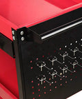 Close-up of the Garden Tool Organizer Cart With Three Tier Mobile Trolley Auto Repair Cabinet showing metal pegboard hooks.