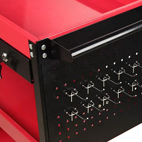 Close-up of the Garden Tool Organizer Cart With Three Tier Mobile Trolley Auto Repair Cabinet showing metal pegboard hooks.