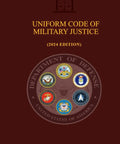 Cover of No Fuss 2024 Uniform Code Of Military Justice Pocket Size Law Book With Large Print Text featuring military seals.