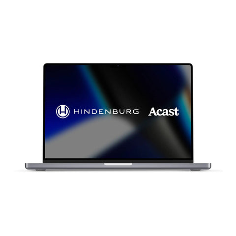 Laptop screen displaying Hindenburg and Acast logos, associated with Vocaster Two Podcasting Interface For Recording Host And Guest