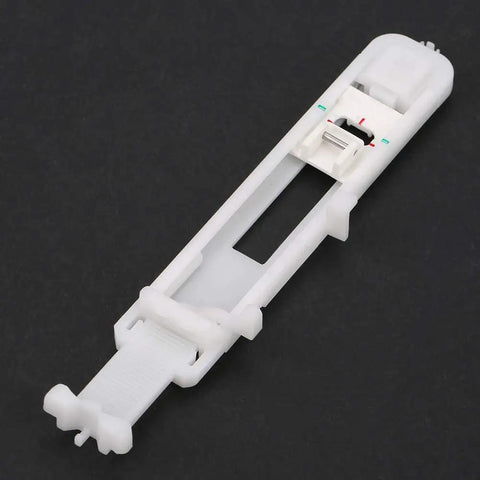 One Step Button Hole Press Foot For Home Sewing Machines Lightweight Durable Plastic keyhole attachment viewed from top angle.