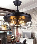 42 Inch Badass Industrial Ceiling Fan Featuring Sick Edison Style Bulbs and Warm Lighting for Your Living Room or Kitchen Boasting Folding Iron Construction with Serious European Retro Vibes That Are Super Dope, suspended in a stylish room.