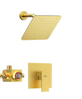 Metal Shower Faucet Complete Bathroom Wall Mounted System With 6 Inch Rainfall Shower Head Setup Rough In Valve in Brushed Gold