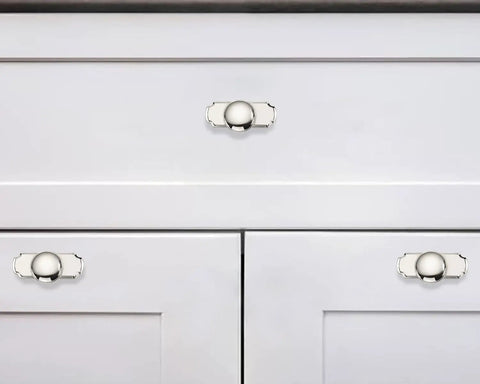 Hella Durable 2 Pack Polished Nickel Cabinet Knobs With Backplates on white kitchen drawers, 2.8 Inch Solid Zinc Alloy design.