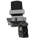 Close-up view of XB4BD21 2 Position Selector Switch with metal bezel, 22mm panel mount, rugged black design for industrial machinery.