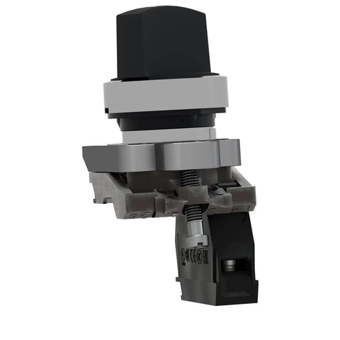 Close-up view of XB4BD21 2 Position Selector Switch with metal bezel, 22mm panel mount, rugged black design for industrial machinery.