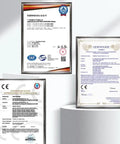 Three framed compliance certificates on display with CE, CNAS, and IAF seals.