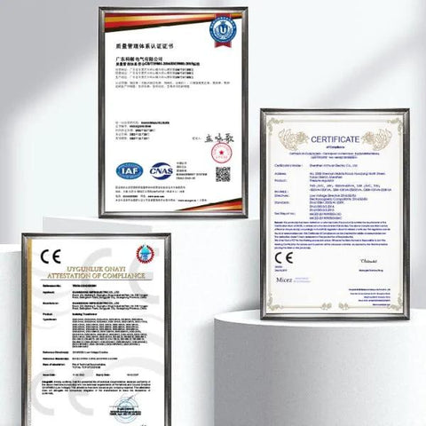 Three framed compliance certificates on display with CE, CNAS, and IAF seals.