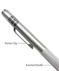 Top Shelf Tungsten Carbide Scriber Set With Embedded Magnet And Twelve Spare Tips For Rock Solid Etching On Glass Metal Ceramic Wood And Plastic showing knurled handle and pocket clip.