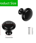 Black Round Cabinet Knobs Set Of 50 Pieces, 1.2 Inch Diameter, shown with dimensions and mounting screw