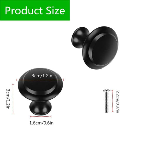 Black Round Cabinet Knobs Set Of 50 Pieces, 1.2 Inch Diameter, shown with dimensions and mounting screw