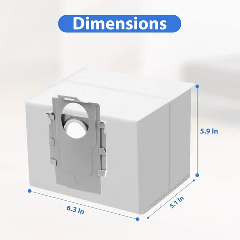 Dimensions of 16 Pack Dust Bags For Q7 Q5 Q10 S5 S7 S8 Series Robotic Vacuum Cleaners showing 6.3L x 5.1W x 5.9H in.