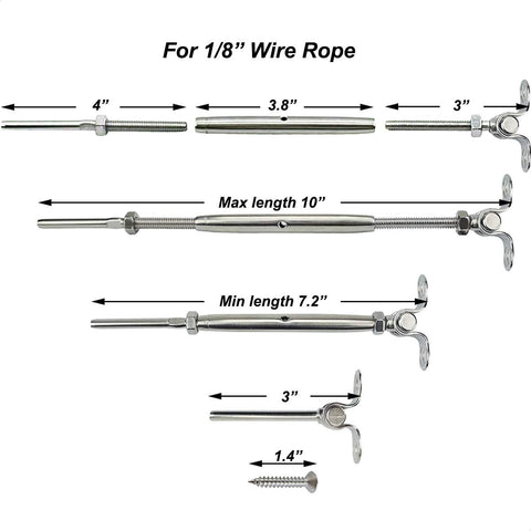Labeled components of 30 Pairs Steel Cable Railing Kit For One Eighth Inch Cable, Adjustable Angle Base With 180 Degree Freedom.