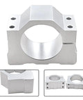 Hefty Aluminum Spindle Motor Mount And Rock Steady CNC Router Clamp Bracket For High Speed Engraving Milling Tool featuring bulky four screw lockup in glossy silver.