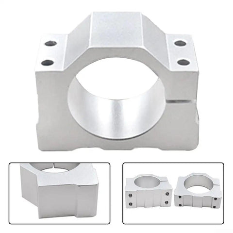 Hefty Aluminum Spindle Motor Mount And Rock Steady CNC Router Clamp Bracket For High Speed Engraving Milling Tool featuring bulky four screw lockup in glossy silver.