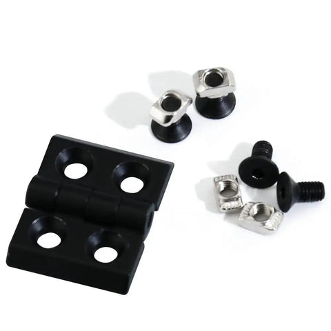 Black zinc alloy hinge, screws, and T-nuts from Two Sets 2020 Aluminum Extrusion Profile Door Handle And Frame Hinges Install Kit.