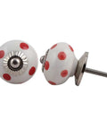 Fifty Top Shelf White Ceramic Polka Dot Drawer Knobs For Kitchen Cabinets And Dressers With Scratch Resistant Coating Simple Hookup Design To Clean Up Your Cabinetry And Boost Overall Room Vibes Today, showing round knobs with red polka dots.