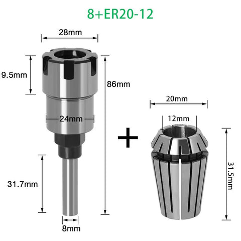 Heavy Duty 8mm 1/4 Inch And 1/2 Inch Shank ER Router Bit Extension Rod Collet For Woodworking Engraving Machine Milling Cutter Upgrade. Features detailed dimensions.