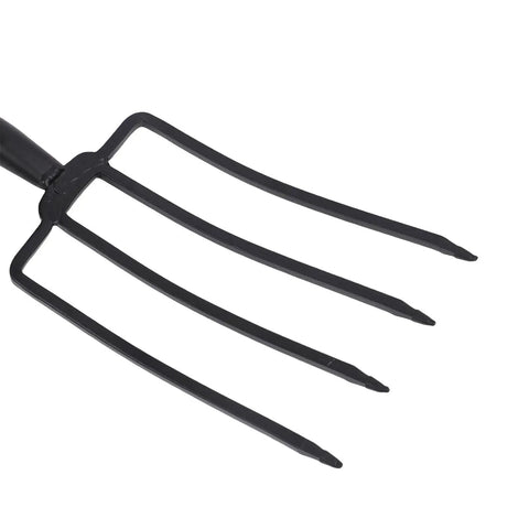 Close-up of 4 tine head on 46 Inch Garden Spading Fork With 4 Tines And Y Grip Heavy Duty Iron Construction For Digging Composting Transplanting