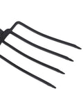 Four tines of Versatile 46 Inch Garden Fork With Y Grip, Heavy Duty Iron, ideal for digging and composting.