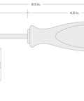 Diagram of No. 3 Phillips Screwdriver with 4 inch shank showing dimensions, beefy ergonomic TriLobe handle, precise tip and high torque grip.