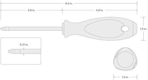 Diagram of No. 3 Phillips Screwdriver with 4 inch shank showing dimensions, beefy ergonomic TriLobe handle, precise tip and high torque grip.