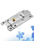 Silver Door Latch Safety Lock Automatic Spring Stainless Steel with gold screw detail and mounting holes for secure installation.