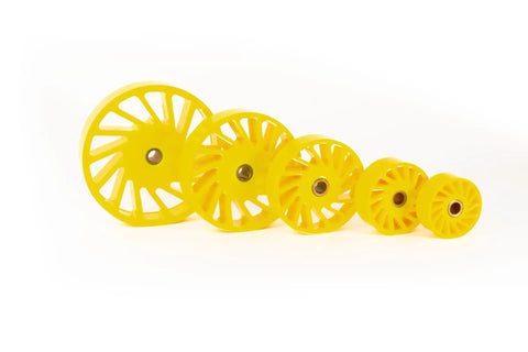 Built Tough Polyurethane Idler Wheel With Oilite Bronze Bearing Core 6 Inch Outer Diameter 2 Inch Width By 0625 Inch Bore For Low Rpm Material Spacing And Hold Down Rolls Smooth Operator 40a Durometer set of yellow wheels