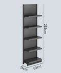 Badass Hella Sturdy Five Tier Metal Storage Rack For Garage And Living Room Slick Black Finish, dimensions labeled 215cm height, 63cm width, 35cm depth.