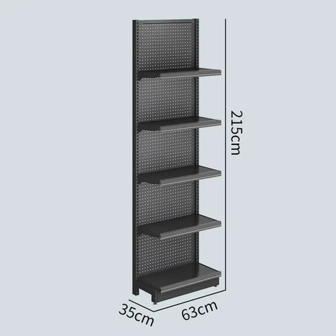 Badass Hella Sturdy Five Tier Metal Storage Rack For Garage And Living Room Slick Black Finish, dimensions labeled 215cm height, 63cm width, 35cm depth.