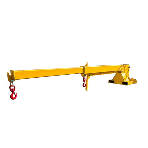 Adjustable Telescopic Forklift Boom Arm Mobile Crane Jib Lifter Hook Heavy Duty Steel Construction with two red hooks.