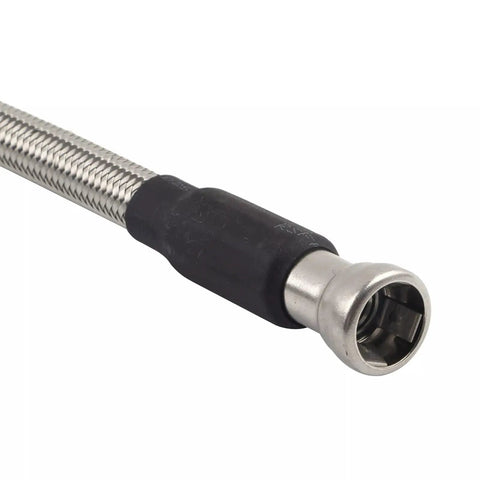 Straight Shot Stainless Steel Braided Fuel Line Quick Fix Kit For 1999 To 2003 Chevy Silverado GMC Sierra close-up of metal connector and braided line