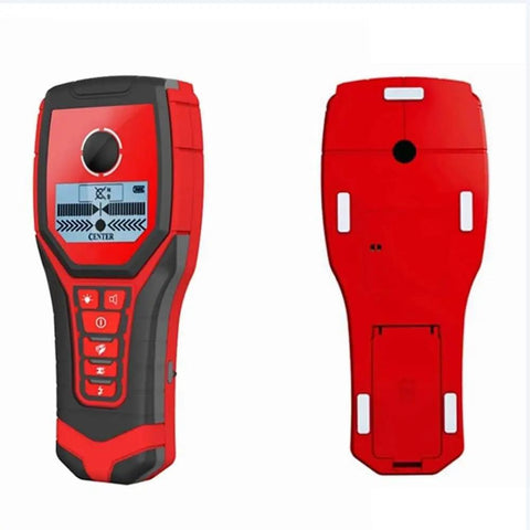 Heavy Duty Digital Wall Scanner And Stud Finder showing front and back views, designed for detecting wood joists and live wires.