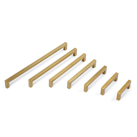 10 Pack 8 Inch Hole Center Champagne Cabinet Pulls In Stainless Steel Square Drawer Handles for kitchen cabinets shown in multiple sizes