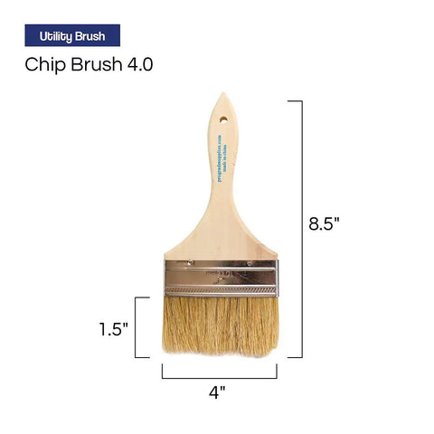 12 Pack 4 Inch Chip Paint Brushes With All Natural 1.5 Inch Bristles, Square Trim, Durable Wood Handles For DIY Painting, Staining, Cleaning And Craft Projects, Disposable Chip Brush Set shown with dimensions