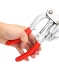 Hand holding Heavy Duty Sheet Metal Hole Punch Kit Hand Held Power Punch Set 3/32 Inch To 9/32 Inch with red handles and chrome steel body.