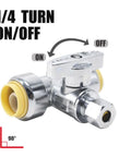 Heavy Duty Solid Brass Tee Valve With Push Quick Connect Shut Off Design Plug And Play No Sweat Setup 1/4 Turn Handle Easy Install Without Tools Fits Pex Cpvc Copper Pipe Built Tough Chrome Finish 200 Psi, 90 degree angle, chrome finish with yellow gaskets.