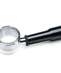 Premium Stainless Steel Bottomless Portafilter 58 Millimeter For Espresso Machines With Comfort Grip Handle, side angle view.