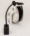 Built Tough Industrial Power Cord Reel Featuring A Solid Steel Body With A Smooth Glide Retract Mechanism Zero Drama Swing And Durable 12 3 SjoW Black Cable Loaded With Four Heavy Duty Outlets Plus Six Foot Feeder Plug For Demanding Work Sites with black cable and duplex outlet