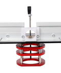 Rock Solid CNC Aluminum Router Table Lift System Featuring Smooth Anodized Finish And Two Inch Stroke Giving Dead On Millimeter Micro Adjustment For Serious Woodworking Tasks front view with crank handle and red supports.