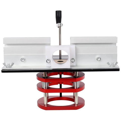 Rock Solid CNC Aluminum Router Table Lift System Featuring Smooth Anodized Finish And Two Inch Stroke Giving Dead On Millimeter Micro Adjustment For Serious Woodworking Tasks front view with crank handle and red supports.