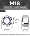 Premium Grade Top Shelf M18 2.5mm Hex Lock Nuts With Nylon Inserts 304 Stainless Steel Metric Fasteners, showing dimensions.