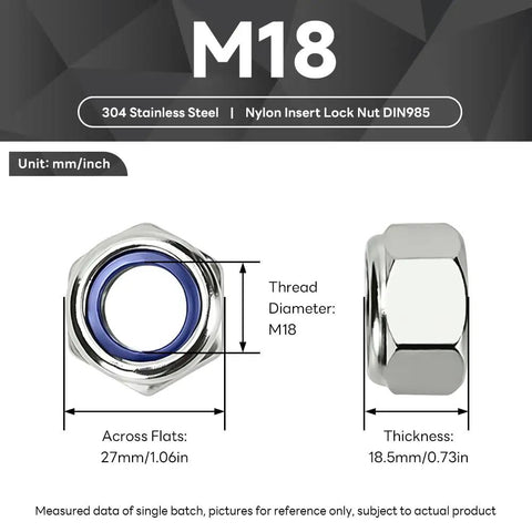 Premium Grade Top Shelf M18 2.5mm Hex Lock Nuts With Nylon Inserts 304 Stainless Steel Metric Fasteners, showing dimensions.