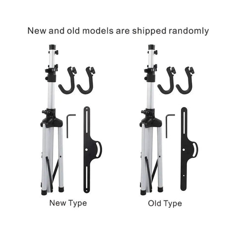 Rock Solid Three Point Bike Repair Stand And Display Rack With Adjustable Height and Nonslip Feet shown with new and old models.