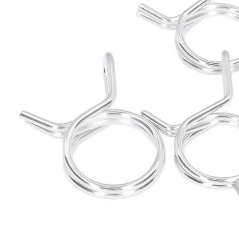 Get Your Fix Fast With These Top Tier Double Wire Irrigation Hose Clamps In Blue And White! This Sweet Assortment Kit Boasts 10 Sizes Ranging From Tiny 5mm To A Big 14mm Diameter Plus Zinc Protection For Rust Resistance. Grab The Nifty Storage Box Inside. Close-up of zinc wire hose clamps, 5mm to 14mm, for garden hoses and pipe connections