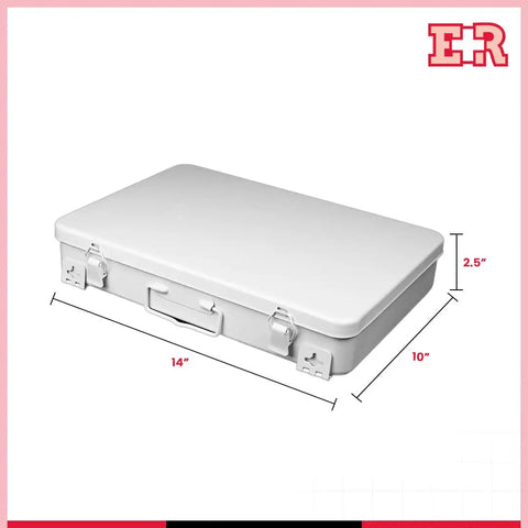 Front view of First Aid Metal Case Number 36 Fourteen By Ten By Two Point Five Inches Built Tough Dope Metal Medical Supply Case For Safe Storage