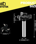 CNC Spoilboard Surfacing Router Bit Set One Quarter Inch Shank One Inch Cutting Diameter Beefy Four Pack With Three Wing Planer Bits And One Router Collet For Slab Flattening And Wood Surface Planing, shown with dimensions