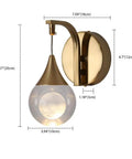 Gold wall sconce with glass shade, detailed view with measurements, part of Modern Crystal Wall Sconce Set Of 2 With Switch Button Indoor Wall Lights In Matte Nickel Finish For Bedroom Or Hallway Easy Install Wall Mount Lamps Glam Contemporary Accent Lighting.
